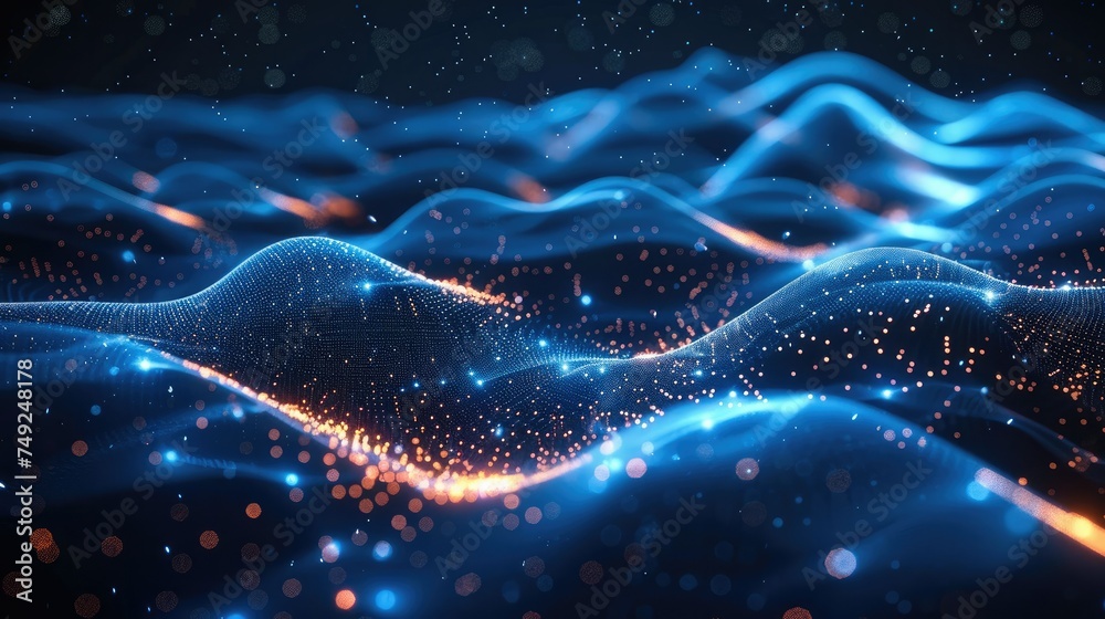 Aufkleber Illustration of the future of data technology with a wave of bright particles. Rendering technology 3D landscape and big data visualization. Generative AI.