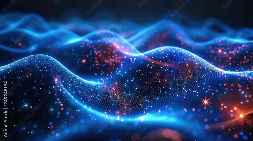 Aufkleber Illustration of the future of data technology with a wave of bright particles. Rendering technology 3D landscape and big data visualization. Generative AI.