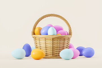 Basket with Easter eggs over yellow