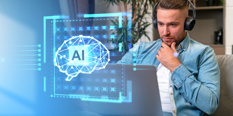 Man with laptop and AI brain interface