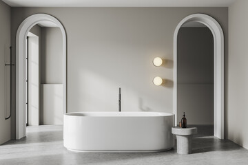 Gray bathroom interior with tub