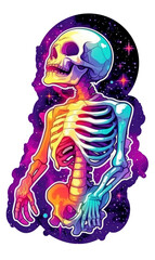 Cute cartoon skeleton wearing an astronaut suit in neon cosmic and colorful style, for t-shirt design and printed stickers, isolated background