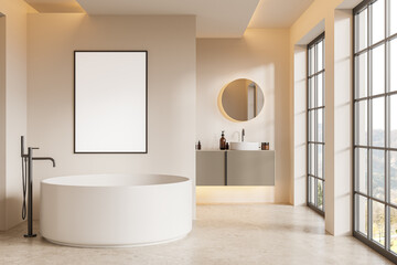 Stylish bathroom interior with bathtub and double sink. Mockup frame