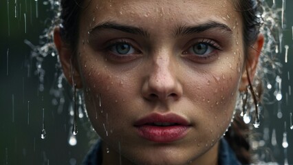 Close-up portrait of a young beautiful girl in the rain.