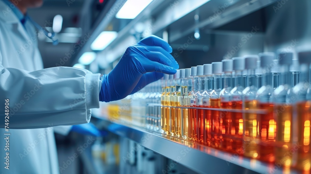 Poster a row of medical test tubes in a modern laboratory, a doctors hand reaches for one of them. generati
