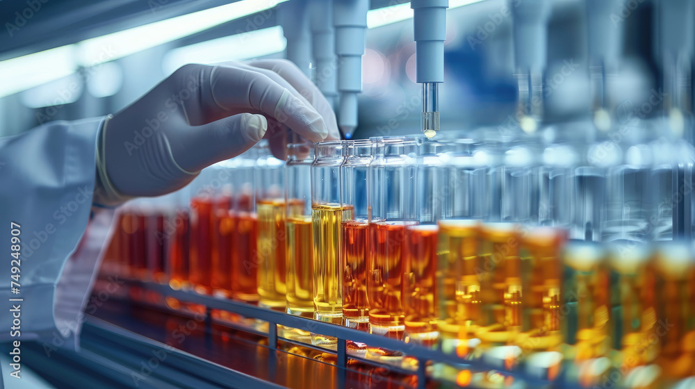 Poster a row of medical test tubes in a modern laboratory, a doctors hand reaches for one of them. generati