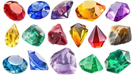 Fototapeta premium Precious stones materials are rocks, valuable materials. Set collection, isolated on white background. Generative ai