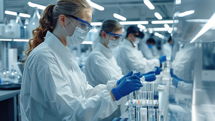 Engineers working on a high tech medical device in a clean and tidy laboratory. Generative AI.