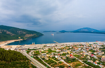 Igoumenitsa, Greece. The ferry enters the port. Aerial view