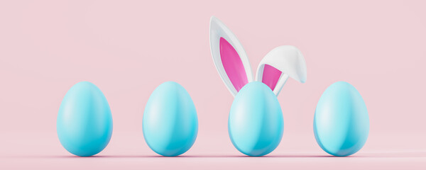 Mockup blue easter eggs and bunny ears on empty pink background