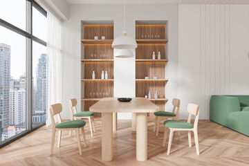 White dining room interior with cupboards
