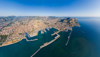 Palermo, Sicily, Italy. City port with ships and cruise ships. Sunny summer day. Aerial view