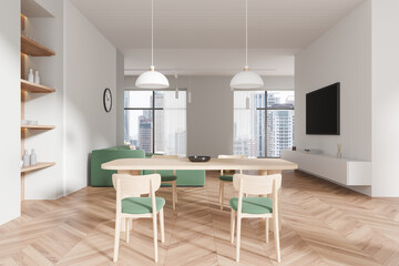 Elegant home living room interior with chill and eating space, panoramic window
