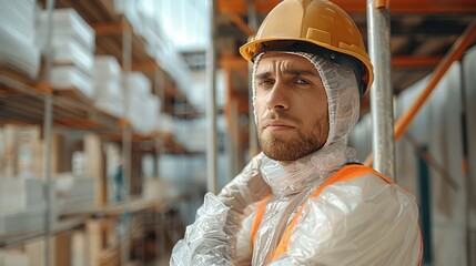 Construction worker with bubble wrap clothing, looking a bit uncomfortable on a small private construction site. Generative AI.