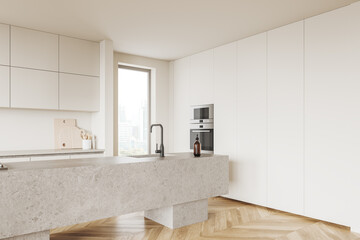 Beige home kitchen interior with bar island and cooking cabinet, window