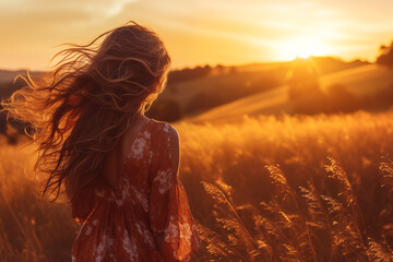 Fototapeta premium A woman in solitude enjoys the tranquil beauty of a golden field at sunset, her hair gently blowing in the wind, a moment of peace and reflection.