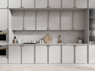 Fototapeta na wymiar Gray kitchen interior with cabinets