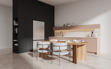 Stylish home kitchen interior with cooking and dining space with fridge