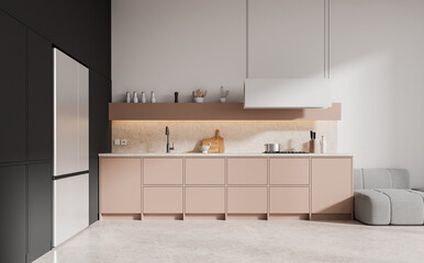 White and black kitchen interior with cabinets