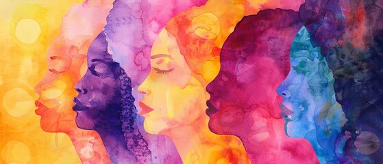 Fototapety  Happy international women's day concept,  8th March 2024 greeting card - Watercolor painting silhouette of beautiful women in their diversity, isolated on yellow background
