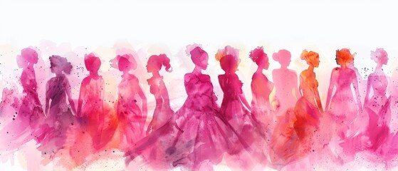 Happy international women's day concept,  8th March 2024 greeting card illustration - Watercolor painting silhouette of beautiful women in their diversity, isolated on white background banner panorama
