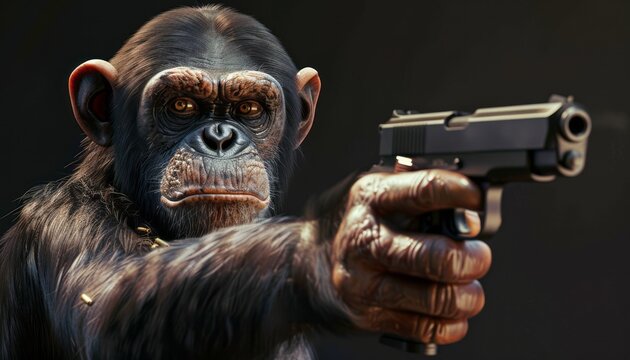 Monkey Holding Gun Pointing at Camera