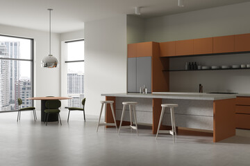Modern home kitchen interior with cabinet and eating table, panoramic window