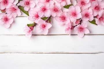 Blooming pink flowers arranged on a rustic white wooden backdrop. Delicate Pink Blossoms on White Wood