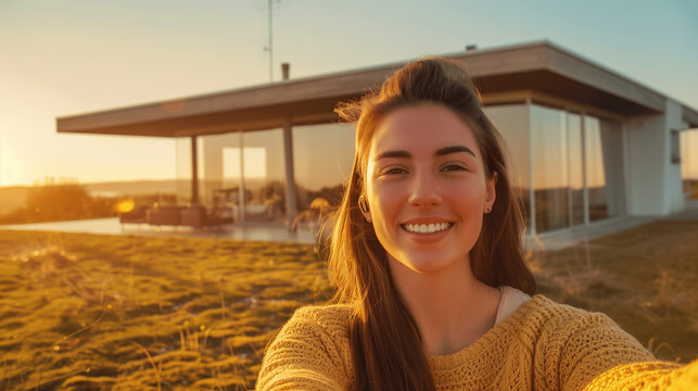Jeune femme fi&egrave;re de sa nouvelle maison moderne