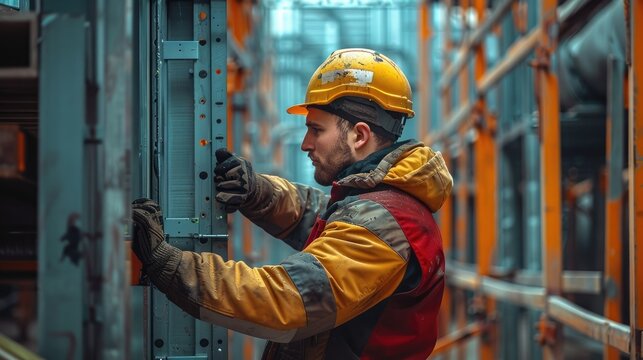 Construction worker install doors on building under construction. Generative AI.