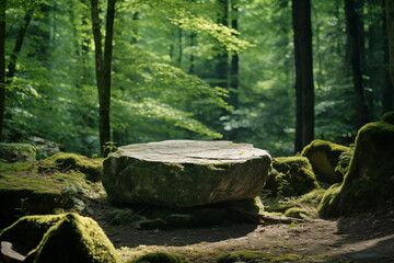 Stone Podium on Rock in Forest, Peaceful Scenery with Natural Atmosphere