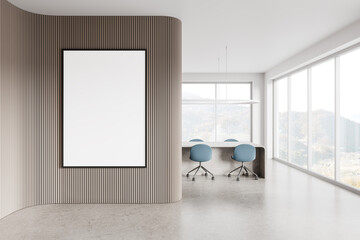 Beige office meeting room interior with table and armchairs, mock up frame
