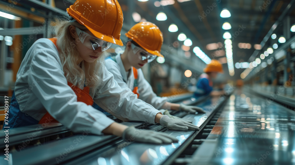 Aufkleber Two workers are moving sheet metal on the production line. Generative AI.
