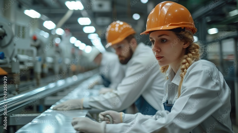 Aufkleber Two workers are moving sheet metal on the production line. Generative AI.