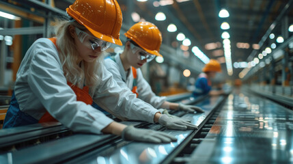 Two workers are moving sheet metal on the production line. Generative AI.