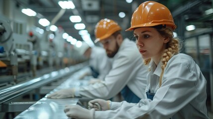 Two workers are moving sheet metal on the production line. Generative AI.