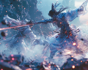 Fantasy anime battle scene with motion blur brought to life through 3D rendering