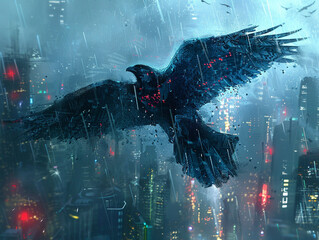 Futuristic falcon with neon cyan accents flying through a cyberpunk city digital rain