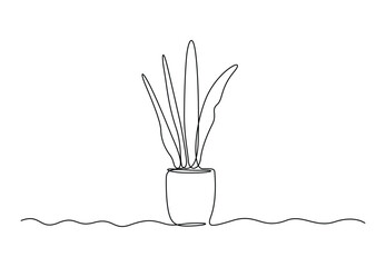 Continuous single line drawing of decorative house plant in pot. Isolated on white background vector illustration. Free vector