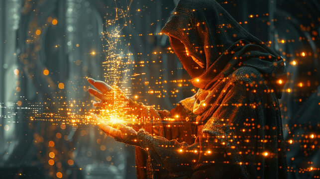 A warlock decrypting ancient runes in a blockchain cipher to prevent a cyber crime