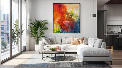 Abstract painting in a modern stylish living room with big sofa