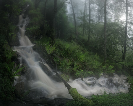 Seasonal waterfall in the Gorbea Natural Park on a rainy and foggy spring morning © patxi