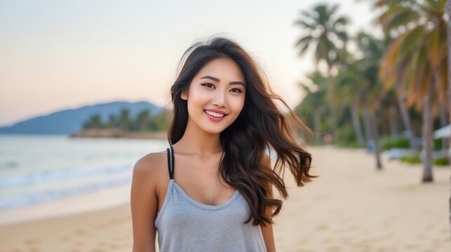 Attractive millenial asian model girl on beach summer vacation looking happy at camera from Generative AI