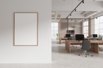 Cozy office room interior with glass meeting room and coworking, mock up frame