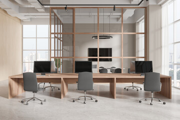 Modern office interior with coworking and meeting room, panoramic window