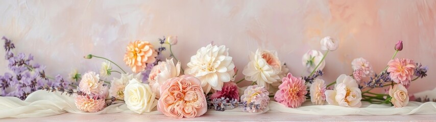 Fototapeta na wymiar Visualize a bridal bouquet featuring a lush, hand-tied collection of garden roses, ranunculus, and dahlias in soft pastel hues, accented with sprigs of lavender and tied with a long