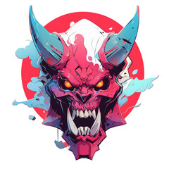 Horned demon head mascot illustration for t-shirt apparel print or sticker design, futuristic style isolated background