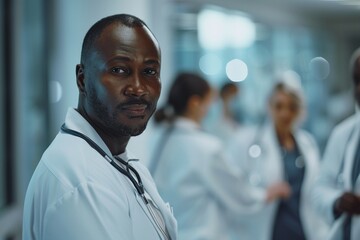 Multicultural Healthcare Professionals: African American and Asian Doctors in Medical Uniform, Standing with Blurred Hospital Colleagues