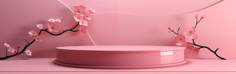 Elegant pink podium with cherry blossoms for luxury display.