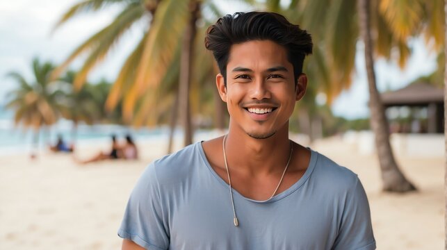 Attractive millenial filipino model guy on beach summer vacation looking happy at camera from Generative AI